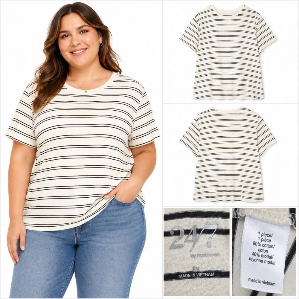 24/7 Maurices 4X Ivory Black Stripe Relaxed Tee Plus Size